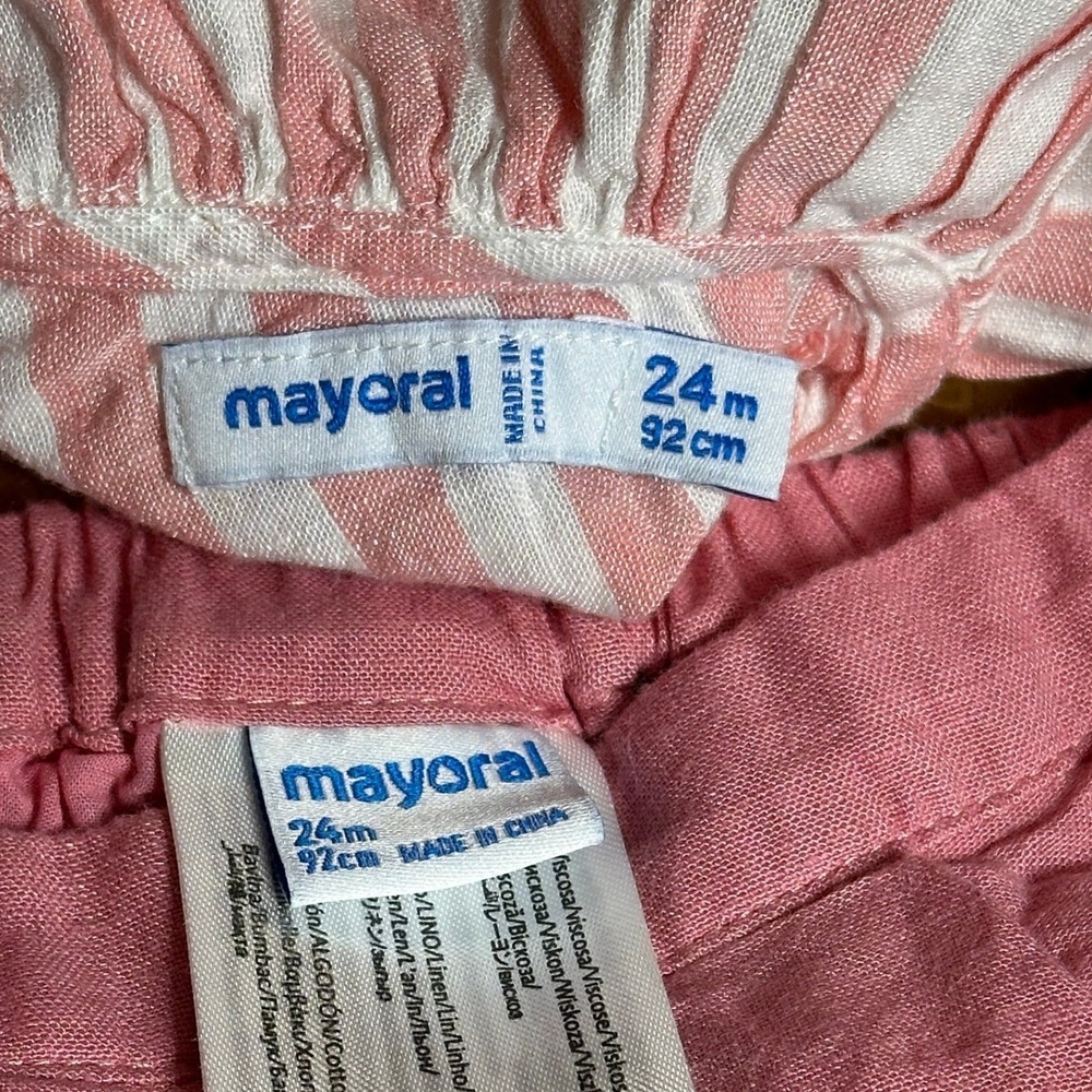 Mayoral Short Set Kids 24M Pink Excellent Striped Linen Blend Ruffle 2pc - Picture 8 of 8